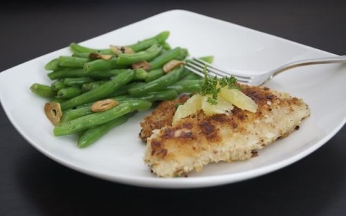 PECAN CRUSTED TILAPIA WITH GARLICKY GREEN BEANS